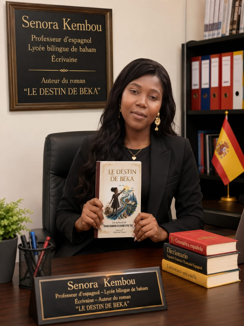 Sylviane Diana Kembou à son bureau, tenant son roman « Le destin de Beka »